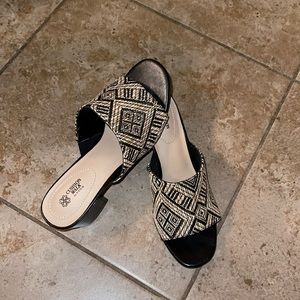 Aztec design black and tweed low heeled mules